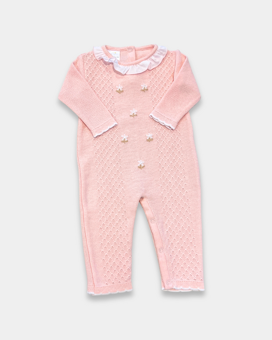 baby girl pink knit romper, pink romper with ruffle collar, baby girl knitwear boutique, embroidered floral baby romper, baby girl special occasion romper, knit romper with flowers, boutique baby outfit pink, newborn girl knit romper, heirloom baby romper girl, Expressions Boutique NY, Woodbury baby boutique, classic knit baby girl clothing