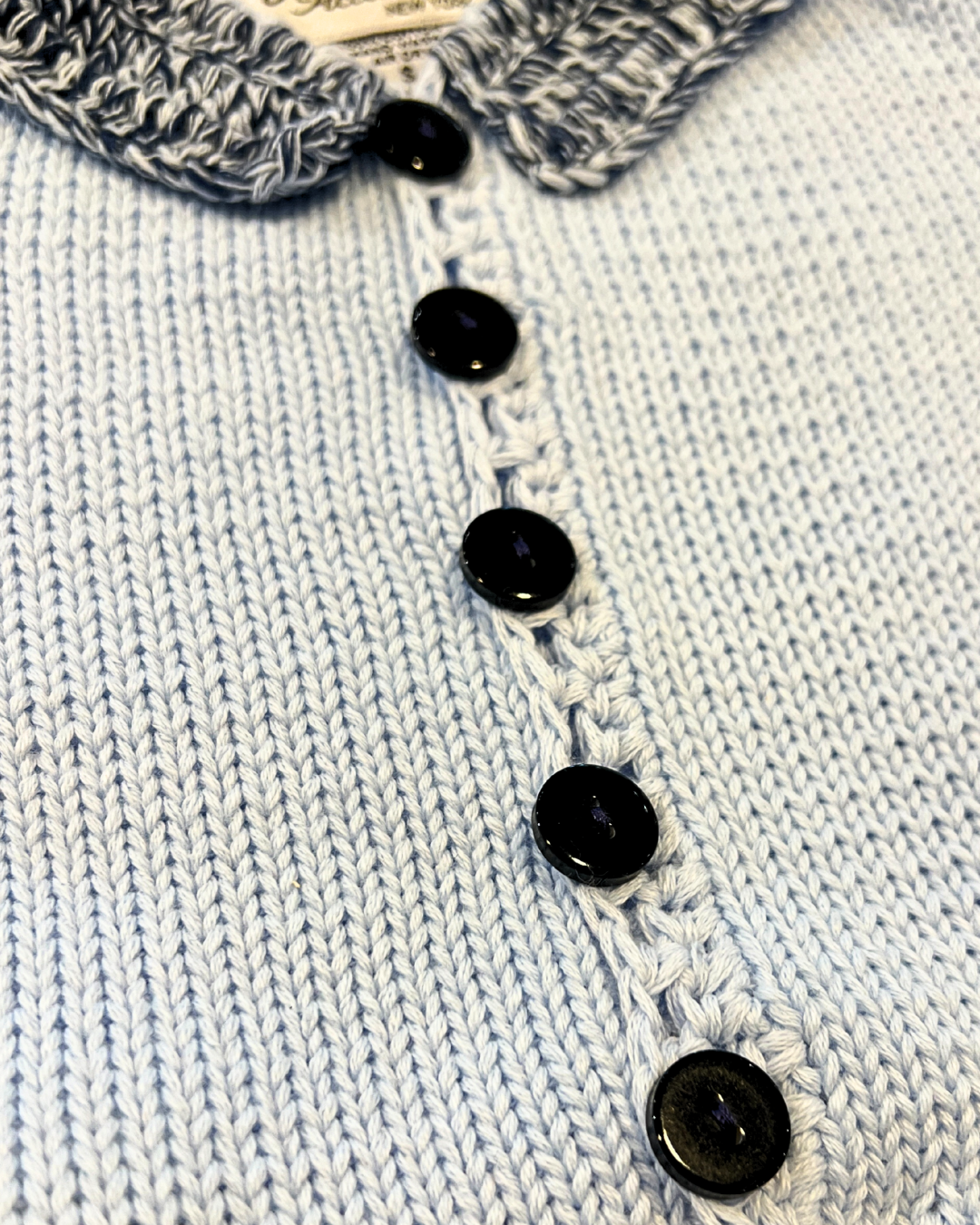 baby boy sweater set, light blue cotton baby sweater, baby knitwear boutique, newborn gift set, infant sweater with hat, navy trim baby cardigan, luxury baby shower gift, cotton knit baby outfit, boutique baby clothes boy, soft cotton baby sweater set, heirloom baby knit, Expressions Boutique NY baby