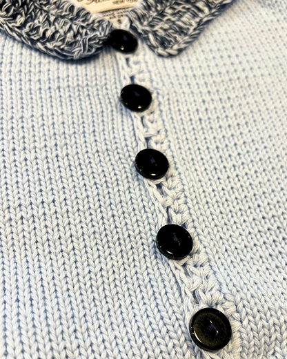 baby boy sweater set, light blue cotton baby sweater, baby knitwear boutique, newborn gift set, infant sweater with hat, navy trim baby cardigan, luxury baby shower gift, cotton knit baby outfit, boutique baby clothes boy, soft cotton baby sweater set, heirloom baby knit, Expressions Boutique NY baby