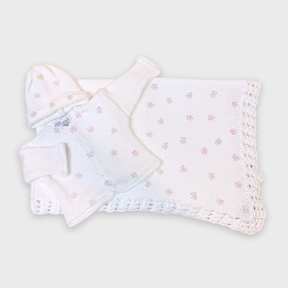 White Cotton Blanket w Sequin Flowers