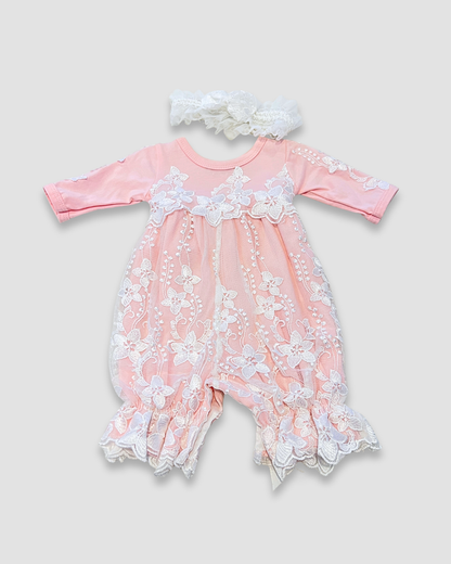 2pc White Lace Overlay Romper w HB