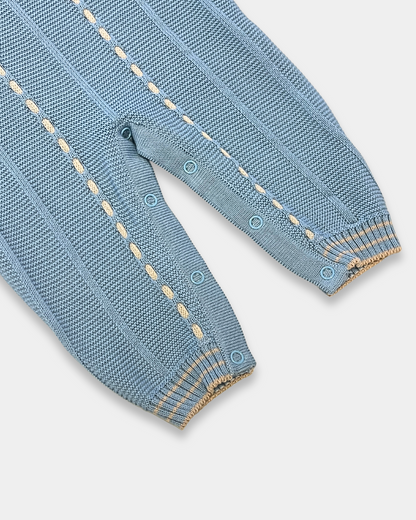 baby knit romper, toddler knit one-piece, denim blue baby romper, boutique knit baby clothes, ecru stitch baby outfit, knit romper boys, knit romper girls, cozy baby knitwear, unisex knit romper, boutique baby shower gift, Expressions Boutique NY, Woodbury kids boutique
