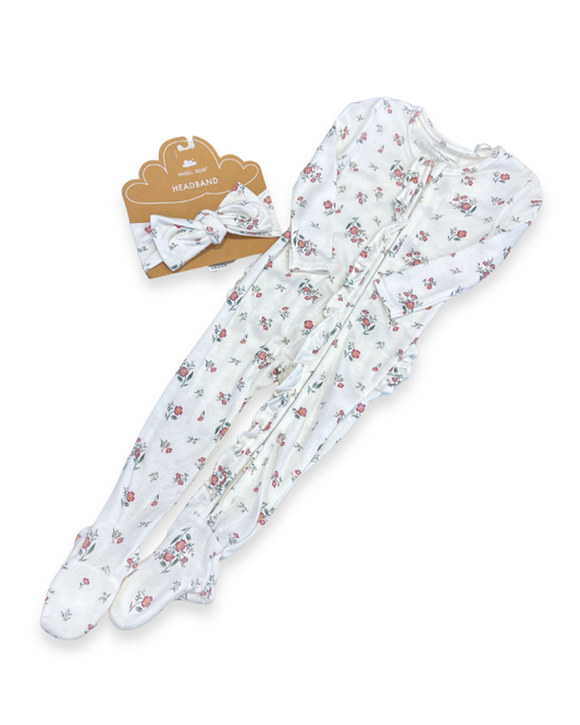 floral ruffle zipper footie Expressions Boutique NY, ditsy flower baby sleeper cotton, girls ribbed zip footie newborn boutique, ruffle baby footed onesie soft cotton, baby girl floral sleeper with matching headband