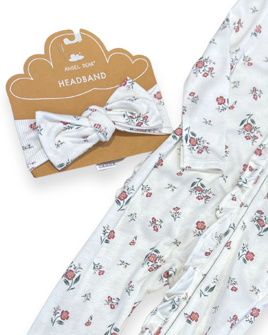 floral baby headband Expressions Boutique NY, mesa rose ditsy cotton bow headband, newborn ribbed headwrap floral, matching headband for baby girl outfit, boutique floral hair accessory soft cotton