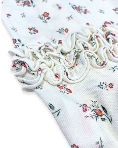 floral ruffle zipper footie Expressions Boutique NY, ditsy flower baby sleeper cotton, girls ribbed zip footie newborn boutique, ruffle baby footed onesie soft cotton, baby girl floral sleeper with matching headband