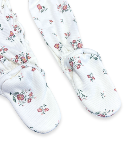 floral ruffle zipper footie Expressions Boutique NY, ditsy flower baby sleeper cotton, girls ribbed zip footie newborn boutique, ruffle baby footed onesie soft cotton, baby girl floral sleeper with matching headband