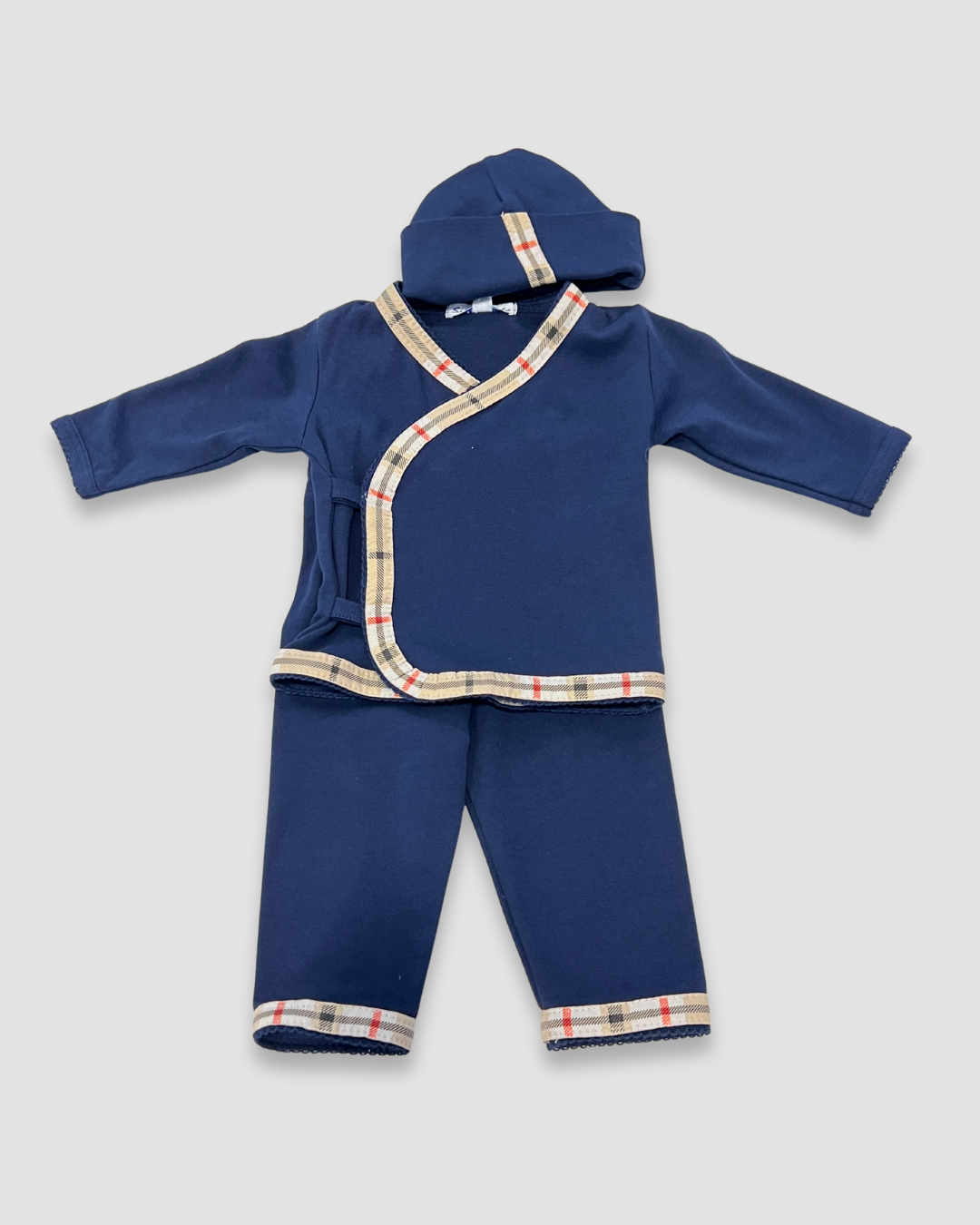 boutique baby boy navy set Expressions Boutique NY, plaid trim newborn outfit, 3 piece cotton baby gift set, navy and beige baby clothing, classic baby take home outfit