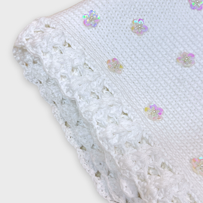 White Cotton Blanket w Sequin Flowers