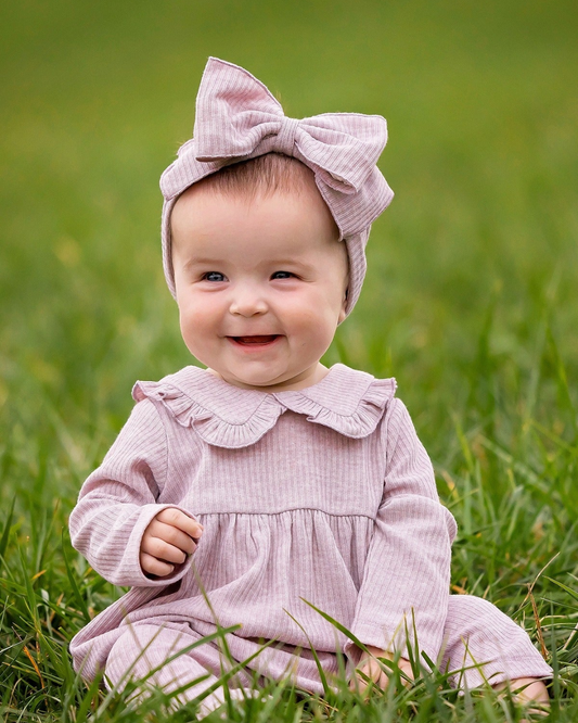 heather romper, baby girl romper, ribbed baby romper, ruffle collar romper, boutique baby clothing, soft knit romper, infant one piece outfit, cozy baby fall outfit, neutral baby romper, boutique baby girl fall clothes, back to school, school outfits, pre-k clothing