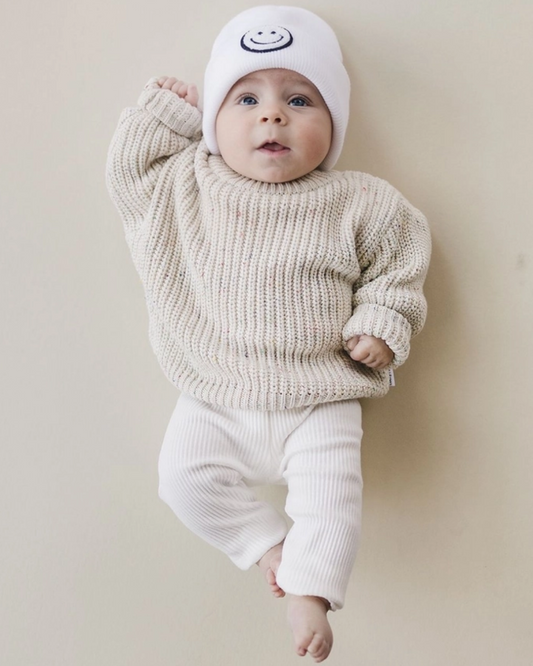 confetti knit baby sweater, chunky knit infant sweater, boutique baby clothing, cozy neutral baby sweater, speckled knit toddler sweater, fall baby sweater, unisex baby sweater, boutique infant knitwear, knit baby pullover, neutral baby outfit, baby shower gift, boutique children’s clothing