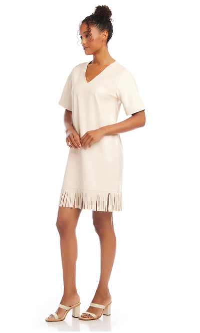 Beige Faux Leather Dress w Fringe