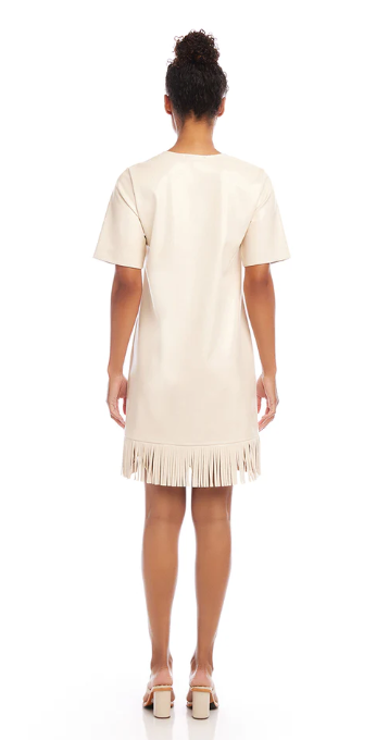 Beige Faux Leather Dress w Fringe