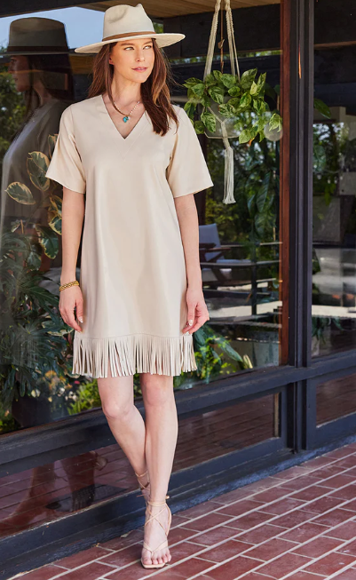 Karen Kane Women's V-Neck Fringe Dress, S, Ecru