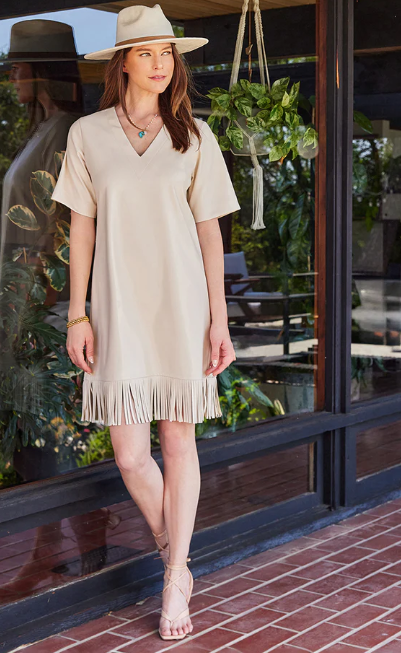 Beige Faux Leather Dress w Fringe