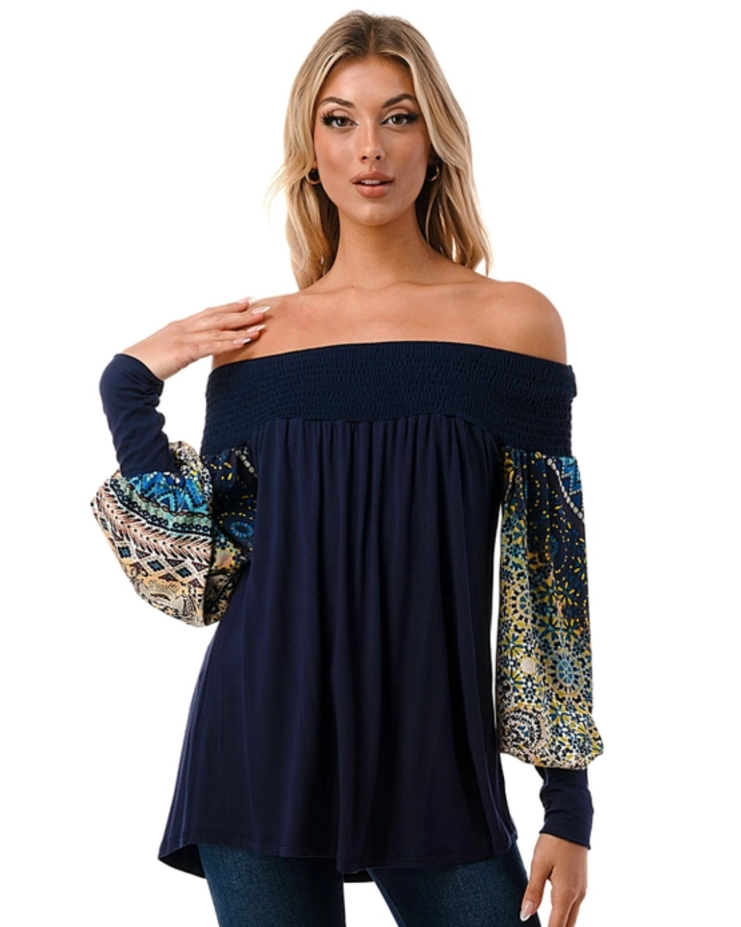 Navy/Multi Print Sleeve Off the Shoulder Top