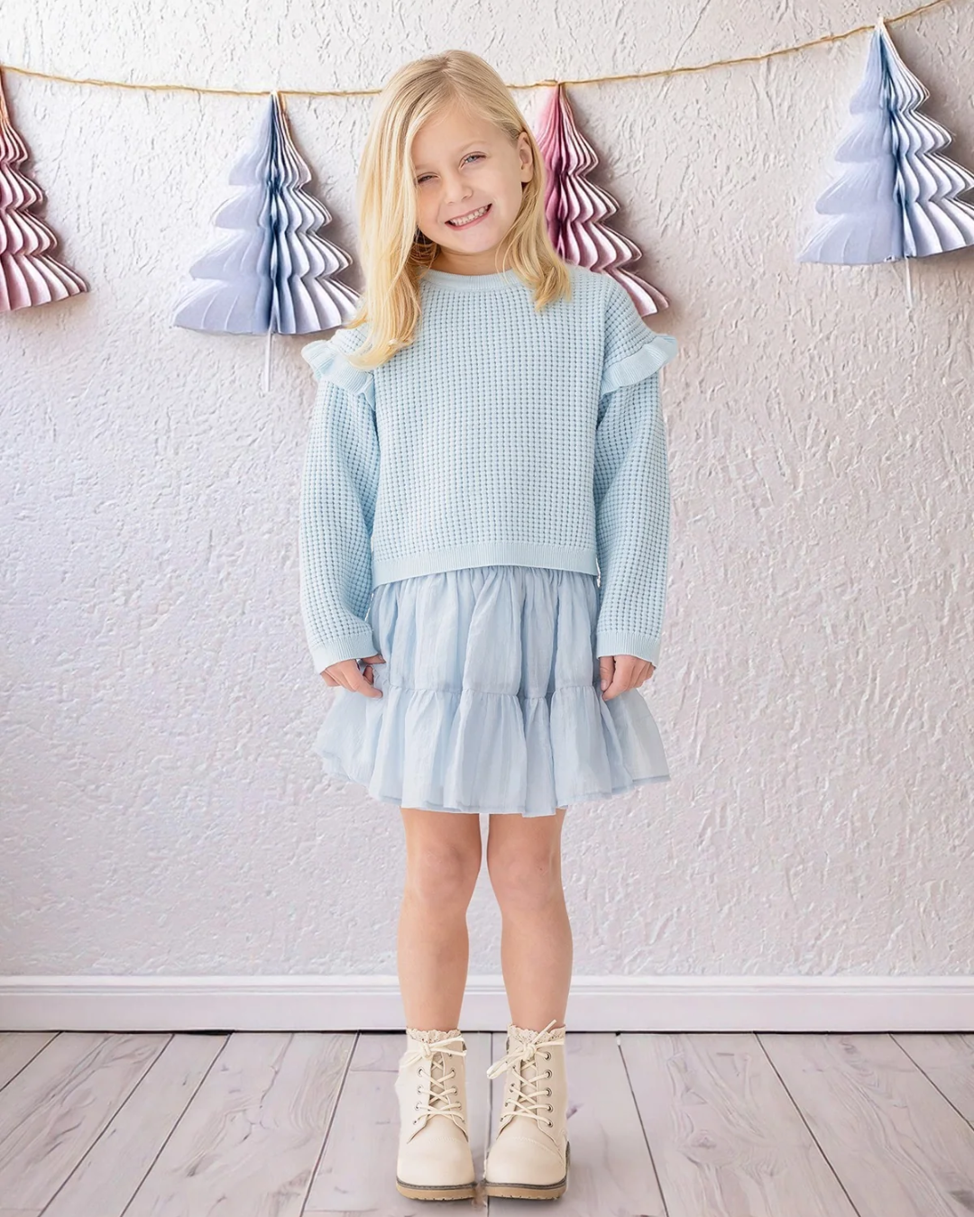 girls tutu skirt set, blue ruffle sweater outfit, toddler holiday outfit, boutique girls clothing set, girls tiered tutu skirt, stylish kids two piece set, girls birthday party outfit, boutique tutu skirt and top set, light blue girls dress set, waffle knit ruffle sweater outfit
