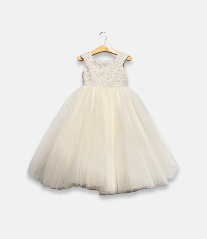ivory petal dress, ivory tulle flower girl dress, boutique special occasion dress, ivory sequin lace dress, couture girls formal gown, glitter tulle occasion dress, ivory toddler dress, boutique girls party dress, Expressions Boutique NY, couture children’s fashion