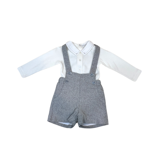 2pc Off White w Grey Stitching Onesie w Grey Tweed Overall *