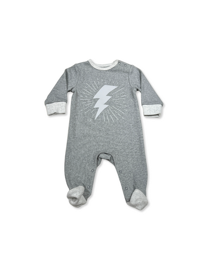 Grey Lightning Bolt Footie, Expressions Boutique, Women and childrens boutique, Woodbury, grey baby footie, baby boy lightning sleeper, boutique baby romper, infant footed one piece, soft cotton baby pajamas, newborn boy sleepsuit, snap closure baby outfit, modern baby boy footie, baby shower boy gift, lightning print baby romper