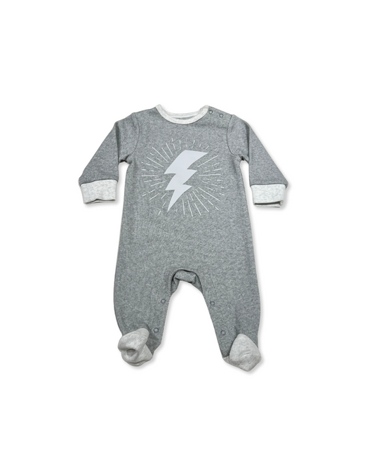 Grey Lightning Bolt Footie, Expressions Boutique, Women and childrens boutique, Woodbury, grey baby footie, baby boy lightning sleeper, boutique baby romper, infant footed one piece, soft cotton baby pajamas, newborn boy sleepsuit, snap closure baby outfit, modern baby boy footie, baby shower boy gift, lightning print baby romper