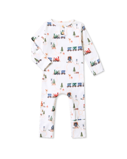 train print baby romper, organic cotton growsuit, baby boy train outfit, boutique baby romper, eco friendly babywear, newborn train print one piece, soft cotton baby pajamas, infant boys growsuit, baby shower train outfit, toddler train themed romper
