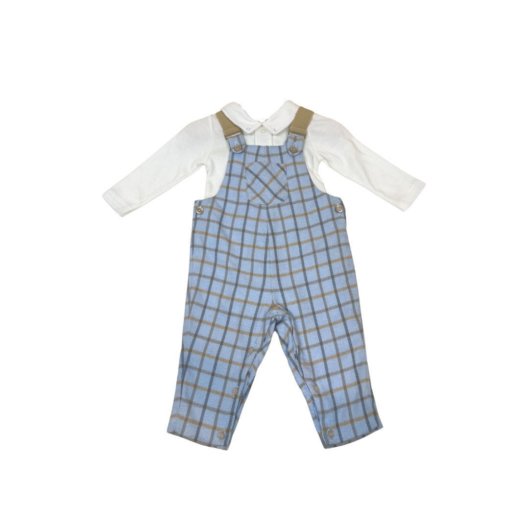 2pc Lt Blue Plaid Overall w Off White Lt Blue Stitching Onesie *