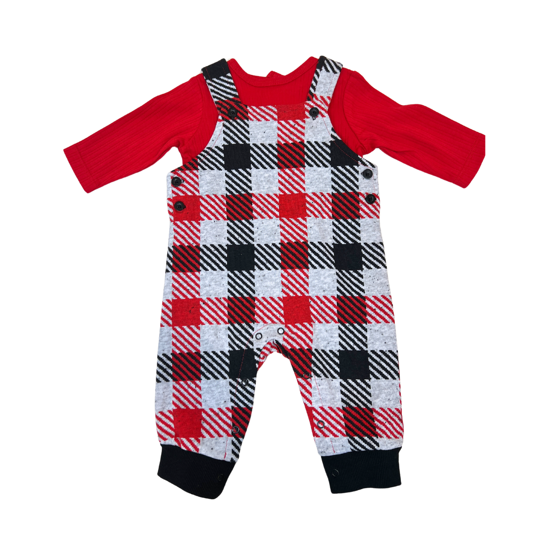 2pc Red Plaid Overall Set