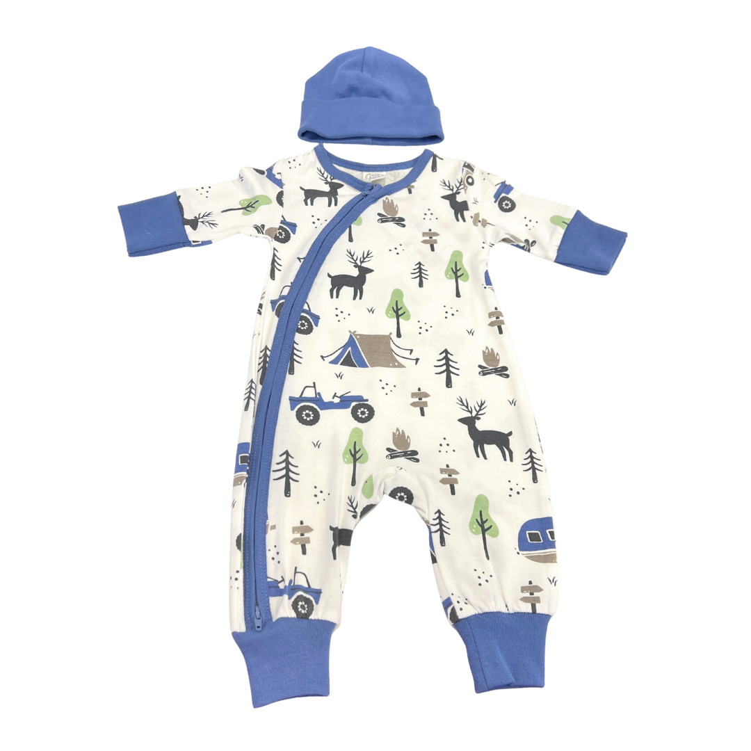 baby boy romper set, woodland baby outfit, camping print romper, infant zip front romper, baby outfit with hat, adventure baby clothes, cute baby sleeper set, newborn outdoor print romper, boys’ cozy romper set, baby camp theme clothes
