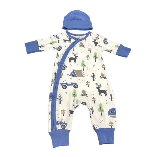 baby boy romper set, woodland baby outfit, camping print romper, infant zip front romper, baby outfit with hat, adventure baby clothes, cute baby sleeper set, newborn outdoor print romper, boys’ cozy romper set, baby camp theme clothes

