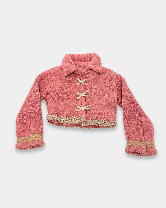 girls sherpa cropped jacket, boutique girls rose jacket, toddler girls winter sherpa coat, pink ruffle trim jacket girls, boutique toddler outerwear, cozy girls sherpa jacket, Expressions Boutique NY girls, girls French rose jacket, toddler girls chic coat, boutique pink cropped jacket