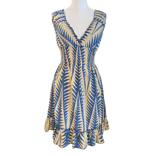 Turquoise & Beige w Gold Smocked Sleeve Short Dress