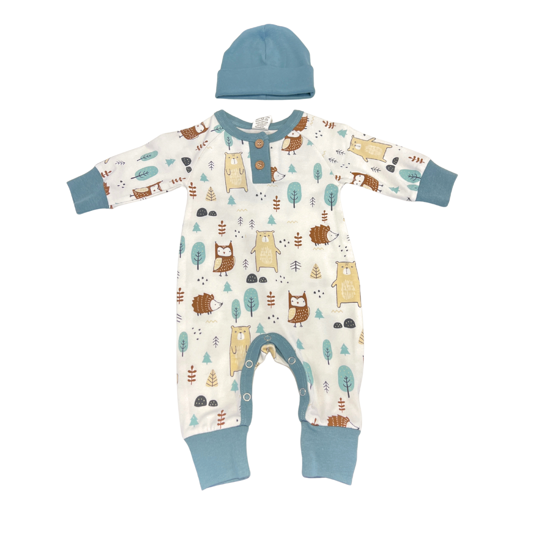 woodland baby romper, forest animal baby outfit, cream and green romper set, baby boy henley romper, infant woodland print sleeper, newborn forest theme outfit, baby romper with hat, cozy fall baby clothes, boutique baby boy gift set, cute animal print romper