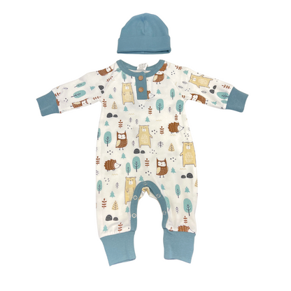 woodland baby romper, forest animal baby outfit, cream and green romper set, baby boy henley romper, infant woodland print sleeper, newborn forest theme outfit, baby romper with hat, cozy fall baby clothes, boutique baby boy gift set, cute animal print romper