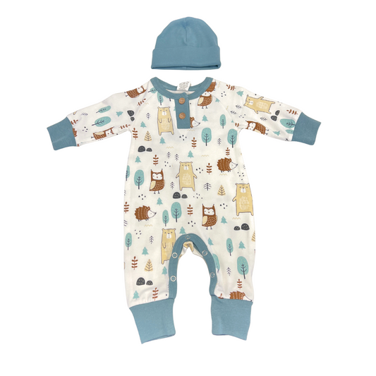 woodland baby romper, forest animal baby outfit, cream and green romper set, baby boy henley romper, infant woodland print sleeper, newborn forest theme outfit, baby romper with hat, cozy fall baby clothes, boutique baby boy gift set, cute animal print romper