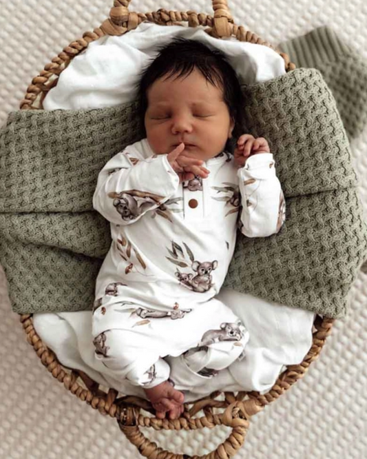 baby boy koala romper, organic baby growsuit, koala print baby outfit, baby boy one piece, boutique organic babywear, eco friendly baby clothes, infant koala romper, newborn boys jumpsuit, soft cotton baby footie, baby shower gift outfit