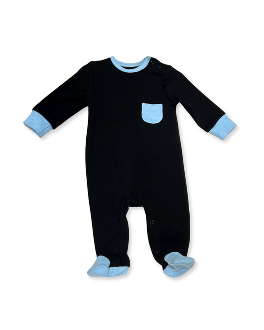 black baby footie, baby boy pocket sleeper, boutique baby romper, infant one piece footie, stylish baby outfit, newborn boy sleepsuit, snap shoulder baby romper, baby shower gift footie, soft cotton baby footed sleeper, modern baby clothing