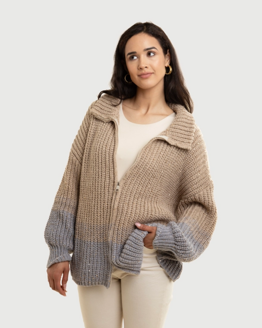Grey & Taupe Zip Up Sequin Sweater