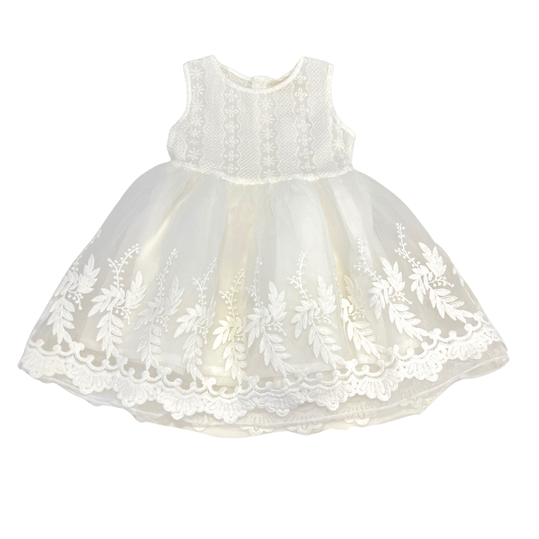 white baby girl dress, lace and tulle occasion dress, flower girl dress, christening baby dress, embroidered infant dress, special occasion baby outfit, baby girl formal wear, sleeveless white toddler dress, baby tulle party dress, boutique baby girl clothing
