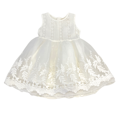 white baby girl dress, lace and tulle occasion dress, flower girl dress, christening baby dress, embroidered infant dress, special occasion baby outfit, baby girl formal wear, sleeveless white toddler dress, baby tulle party dress, boutique baby girl clothing