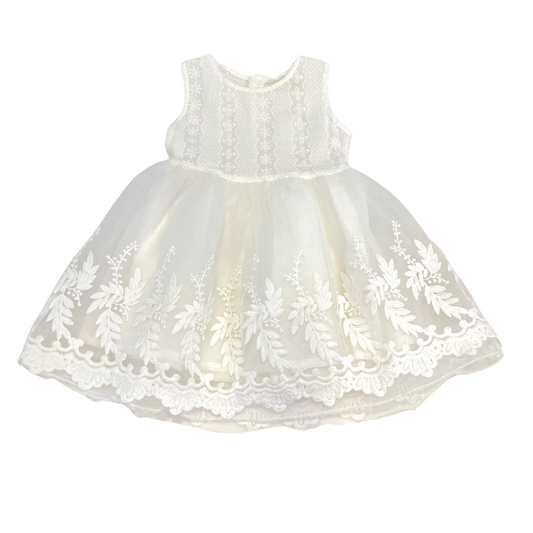 white baby girl dress, lace and tulle occasion dress, flower girl dress, christening baby dress, embroidered infant dress, special occasion baby outfit, baby girl formal wear, sleeveless white toddler dress, baby tulle party dress, boutique baby girl clothing