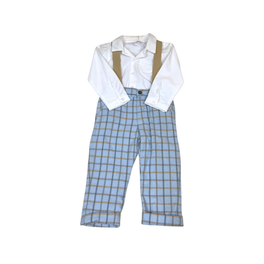 3pc Lt Blue Plaid Pant w Detachable Suspenders & Onesie Collared Top