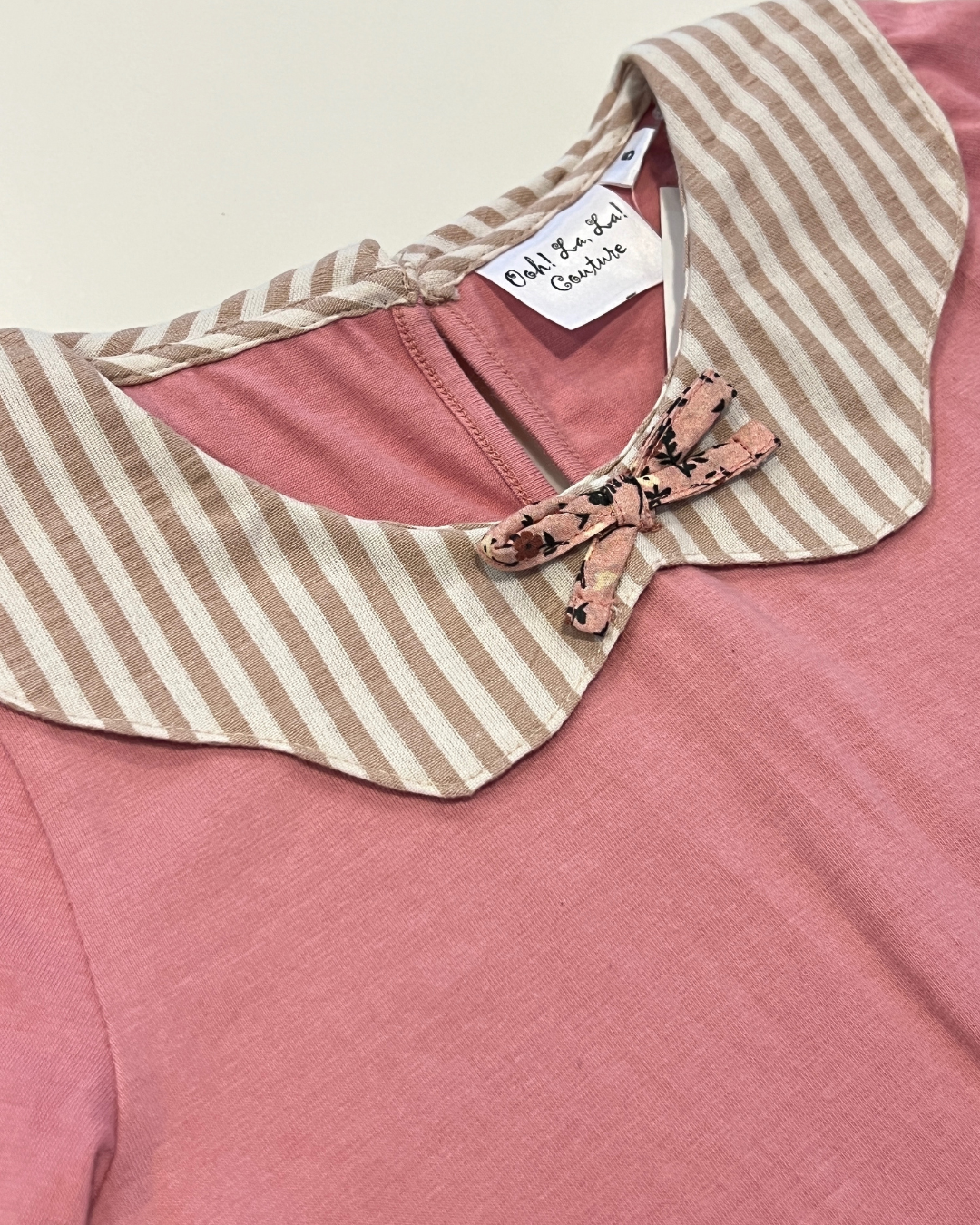 girls pink peter pan collar top, French rose long sleeve shirt, boutique baby girl clothing, Expressions Boutique NY kids fashion, striped collar bow top