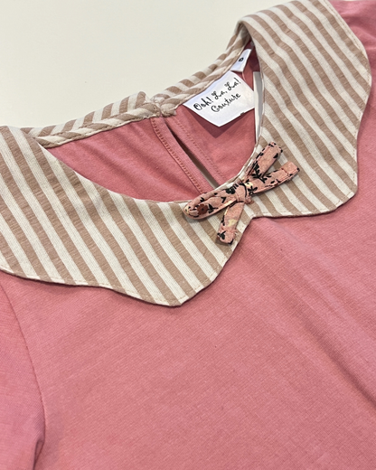 girls pink peter pan collar top, French rose long sleeve shirt, boutique baby girl clothing, Expressions Boutique NY kids fashion, striped collar bow top