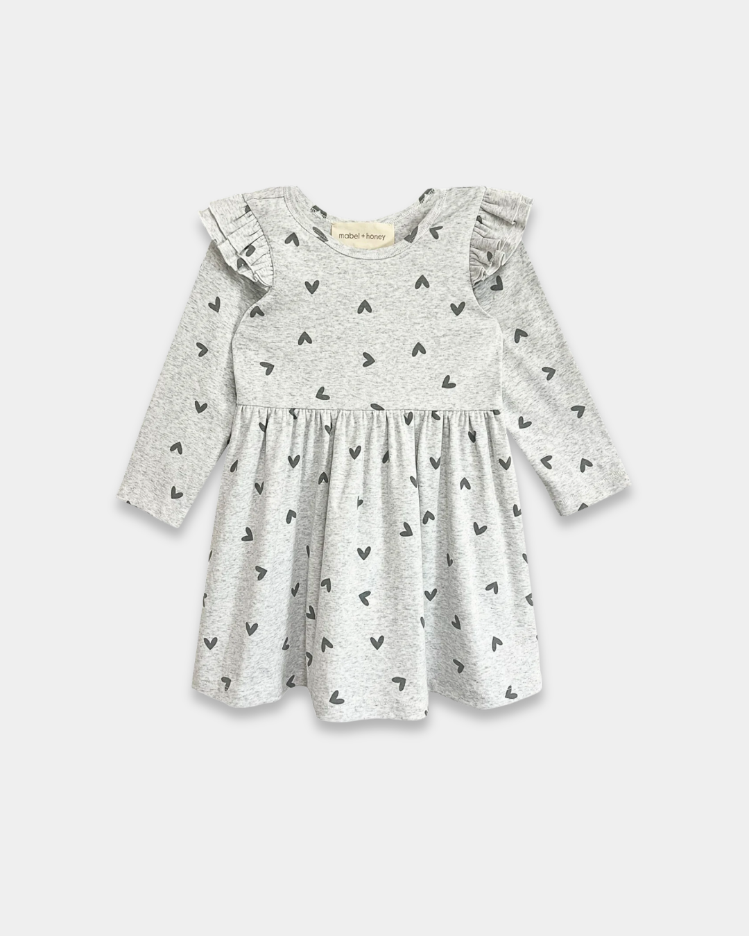 heart print toddler dress, girls grey dress with hearts, boutique toddler clothing, long sleeve ruffle dress, playful toddler girl outfit, kids boutique fashion, cozy toddler dress, everyday toddler outfits, boutique fall dresses for kids, stylish girls clothing, pre-k outfits, school picture day dress
