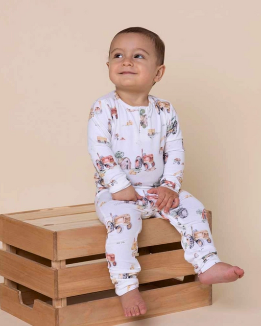 diggers and tractors baby romper, farm print growsuit, organic cotton baby clothes, baby boy tractor outfit, boutique baby romper, infant farm print one piece, baby shower gift boy, soft cotton baby footie, eco friendly baby growsuit, toddler farm themed outfit