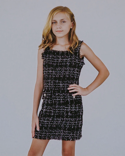 Black Tweed Sleeveless Dress, Expressions Boutique, Women and childrens boutique, Woodbury, girls tweed dress, boutique girls special occasion dress, girls black tweed outfit, girls sleeveless tweed dress, girls holiday dress, chic girls tweed dress, boutique girls formal dress, tweed dress with buttons