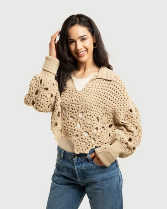Oatmeal Floral Crochet Pullover Sweater