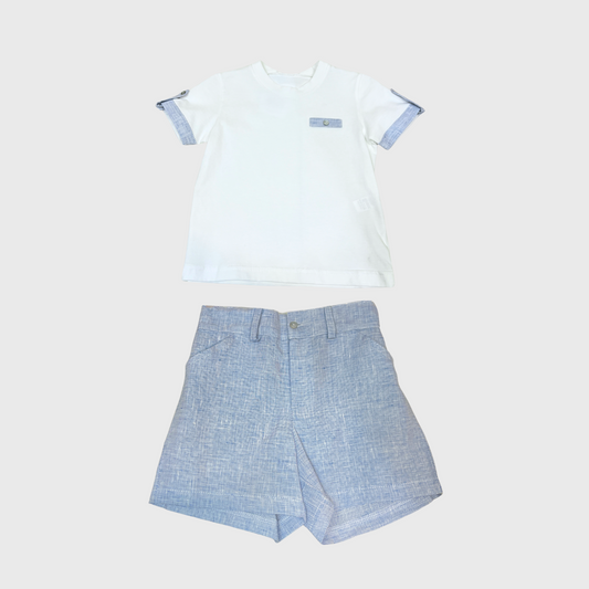 2pc Ivory/Blue Linen Tee w Shorts