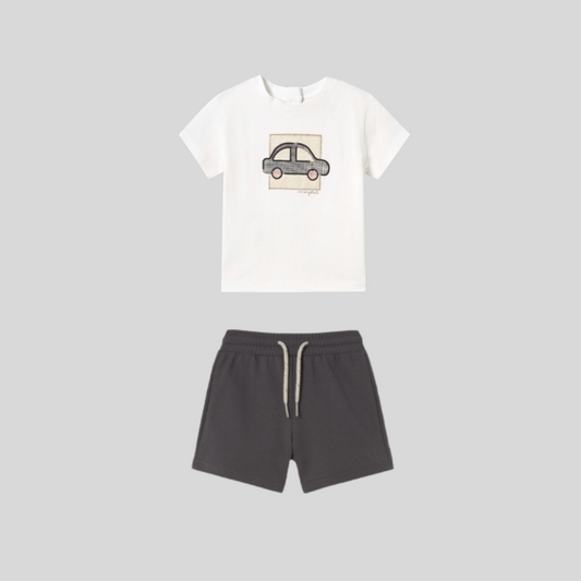 2pc White Tee w Car Applique w Charcoal Shorts