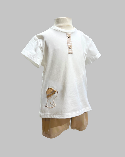 2pc White Henley Button Tee w solid Short B